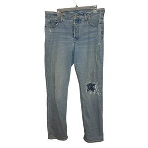 Old Navy High Rise Slouchy Straight Jeans Size 10 Distressed Patch Denim